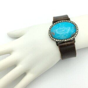 REBEL DESIGNS vtg turquoise cabochon bracelet - adjustable brown leather band